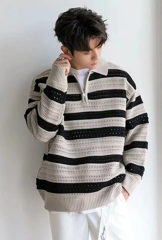 American-style Lazy Striped Design Blouse Loose Men's Vintage Sweater