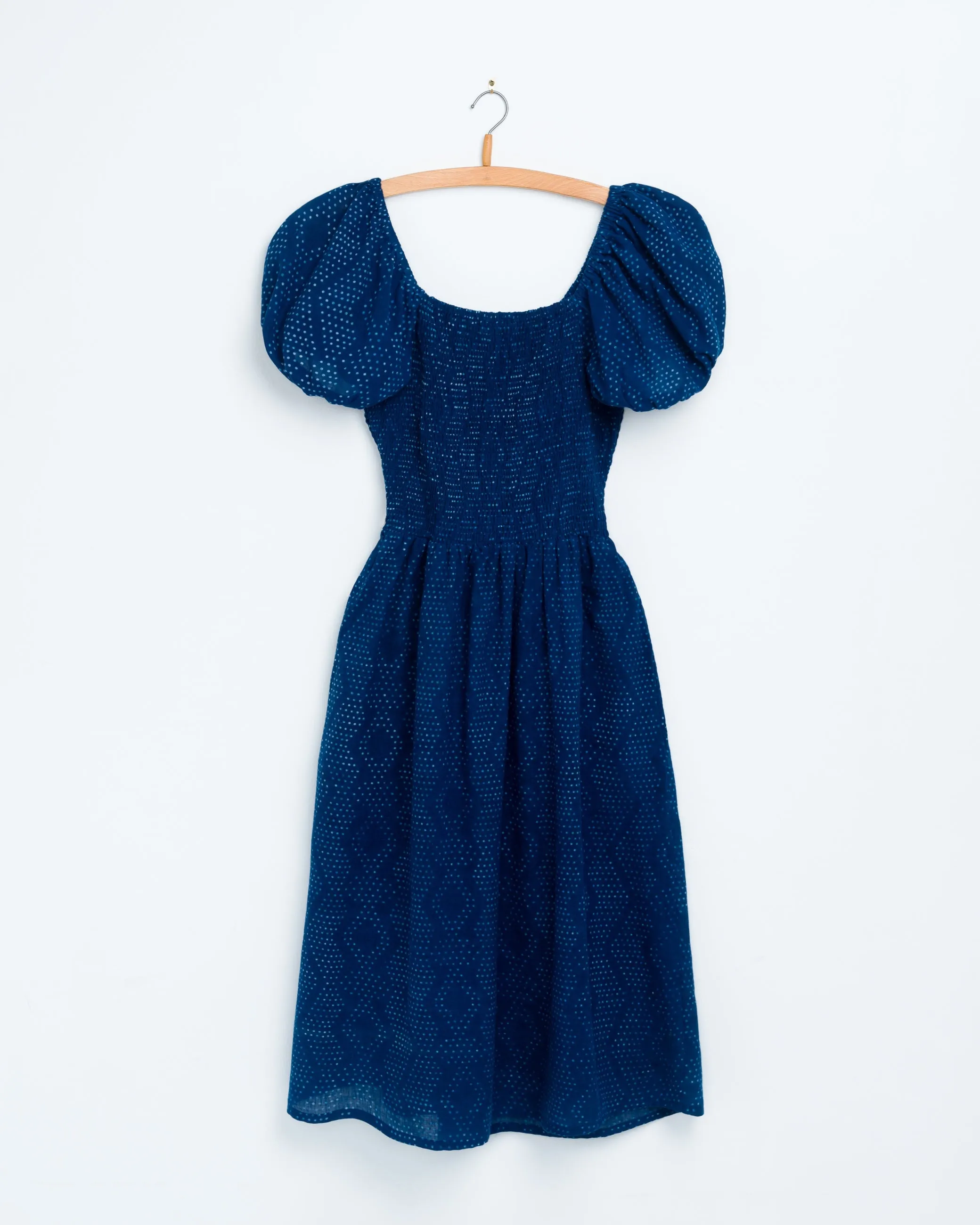 Anika Dress in Dot Block Print Indigo