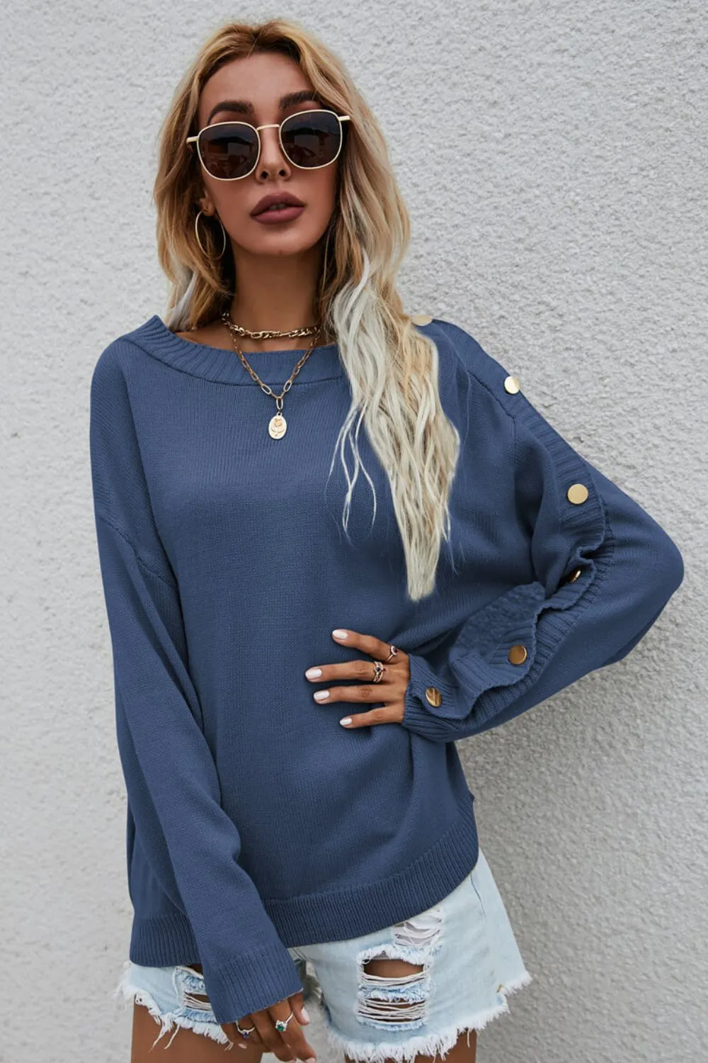 *App Exclusive* Button Detail Boat Neck Sweater