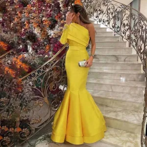 Arabic Yellow One Shoulder Mermaid Evening Dress with Cape Baby Blue Beaded Dubai Luxury Wedding Party Dress