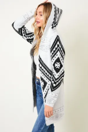 Aztec Pattern Hooded Fluffy Yarn Sweater Long Sleeve Open Front Cardigan