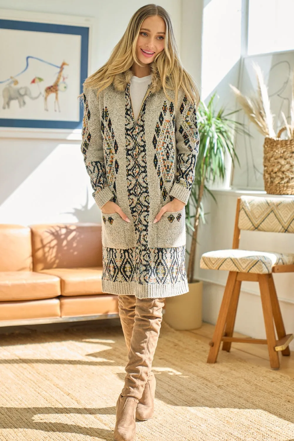 Aztec Pattern Long Sleeve Faux Fur Trim Hoodie Knit Cardigan Sweater