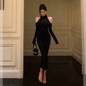 Black off-the-shoulder knitted dress for women new high-neck party dress      S5556