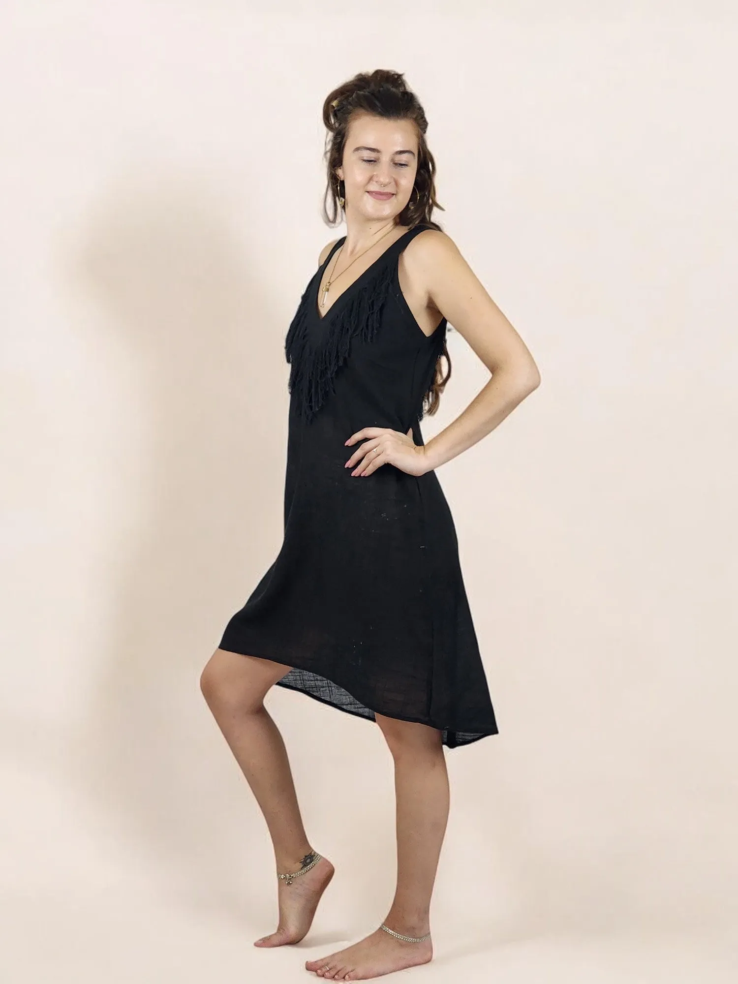 Black Organic Linen Mini Dress with Fringe