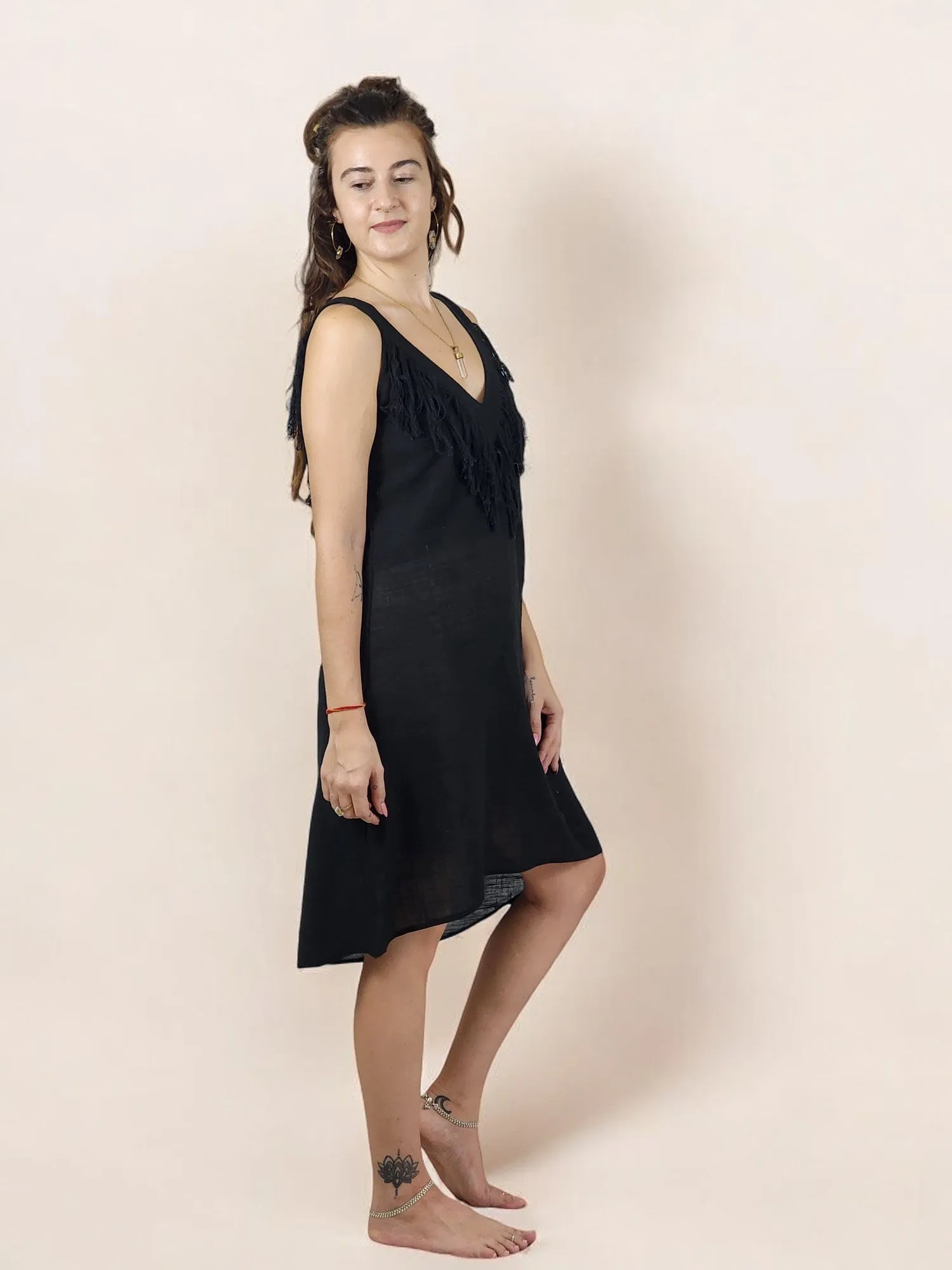 Black Organic Linen Mini Dress with Fringe