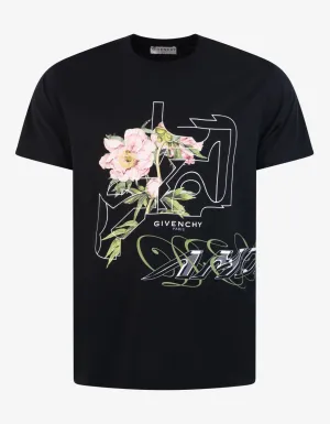 Black Peony Print T-Shirt -