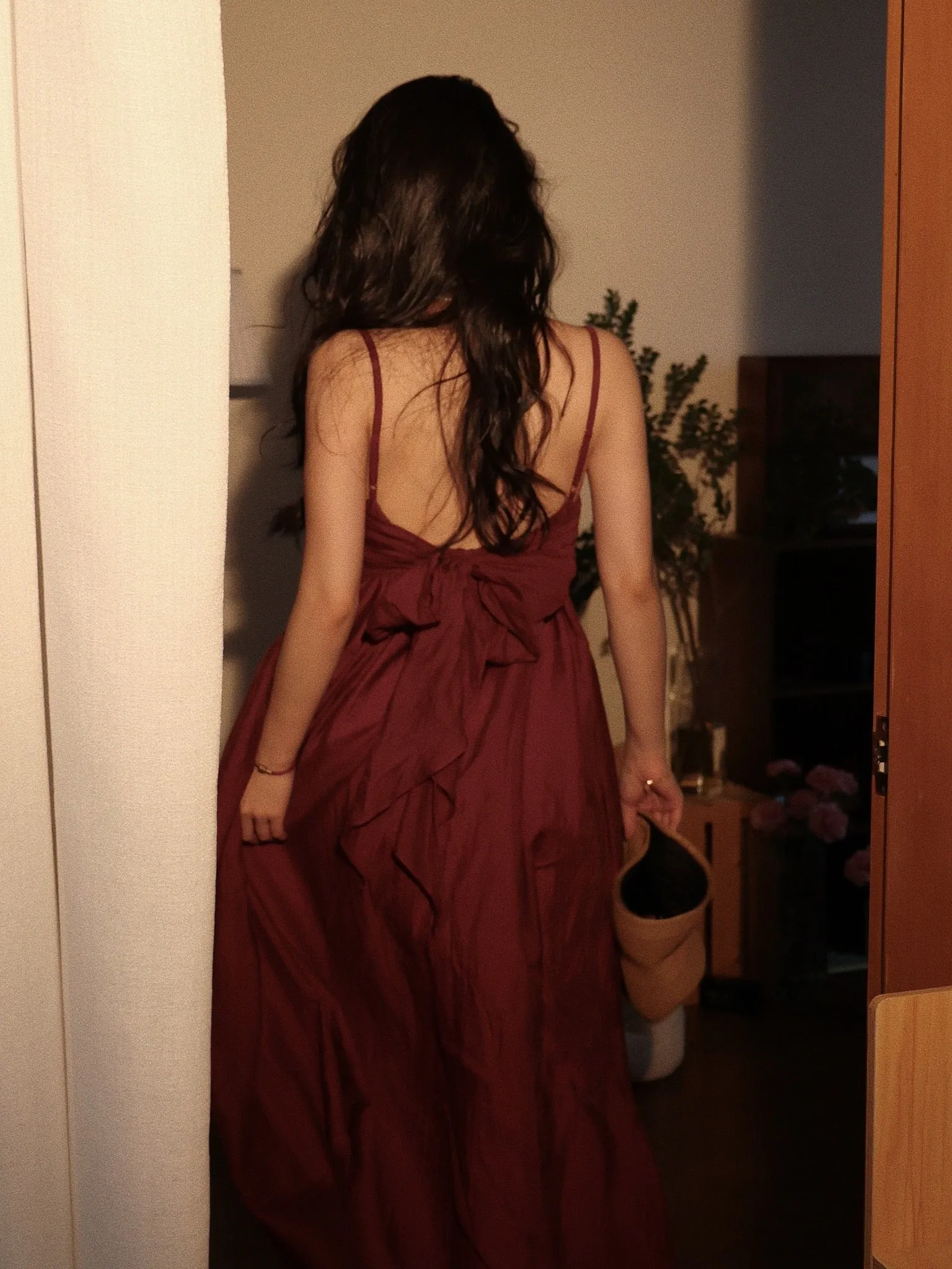 Burgundy Casual Tie Back Summer Maxi Dress