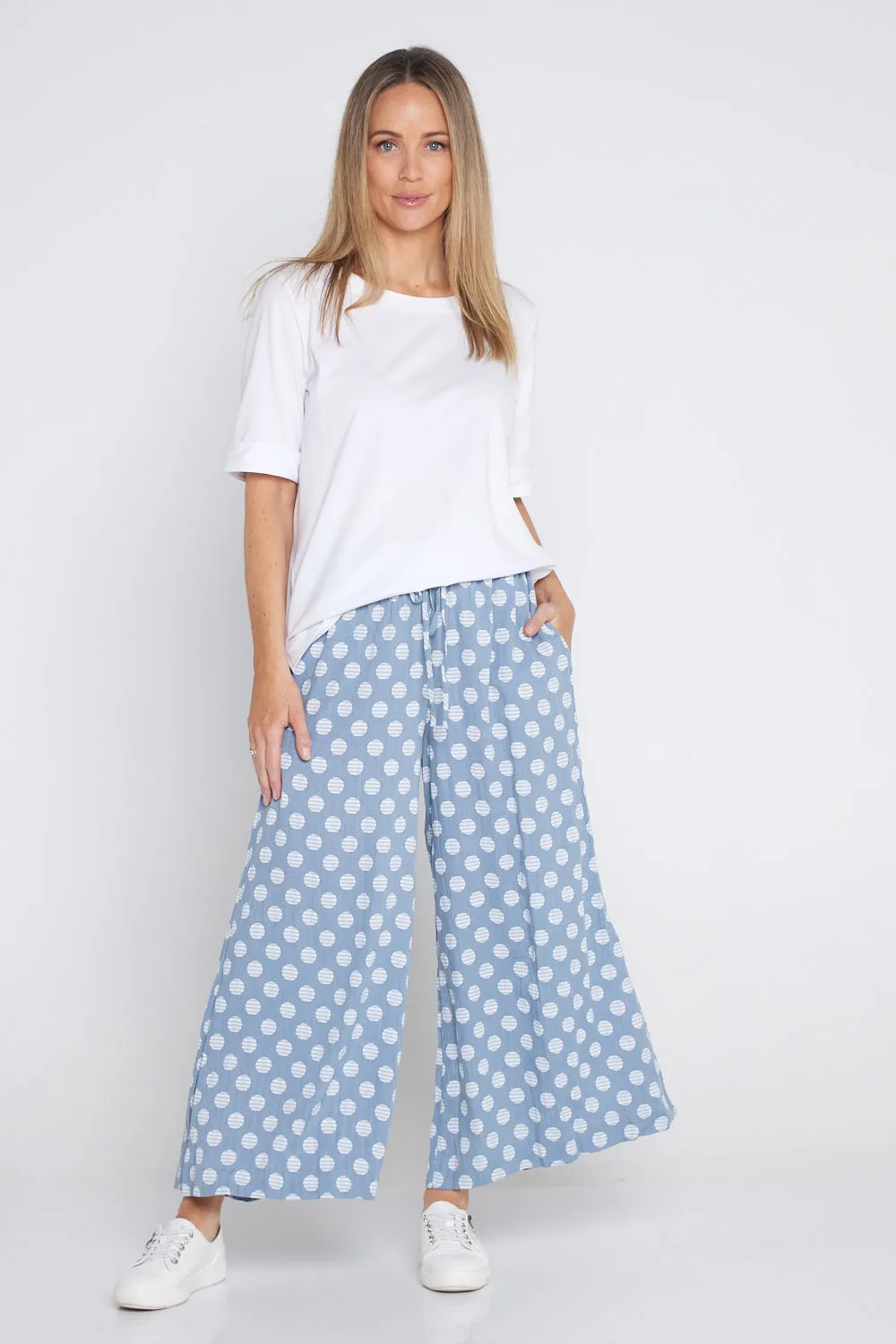 Cleo Wide Leg Drawstring Pants - Denim Blue/Spot