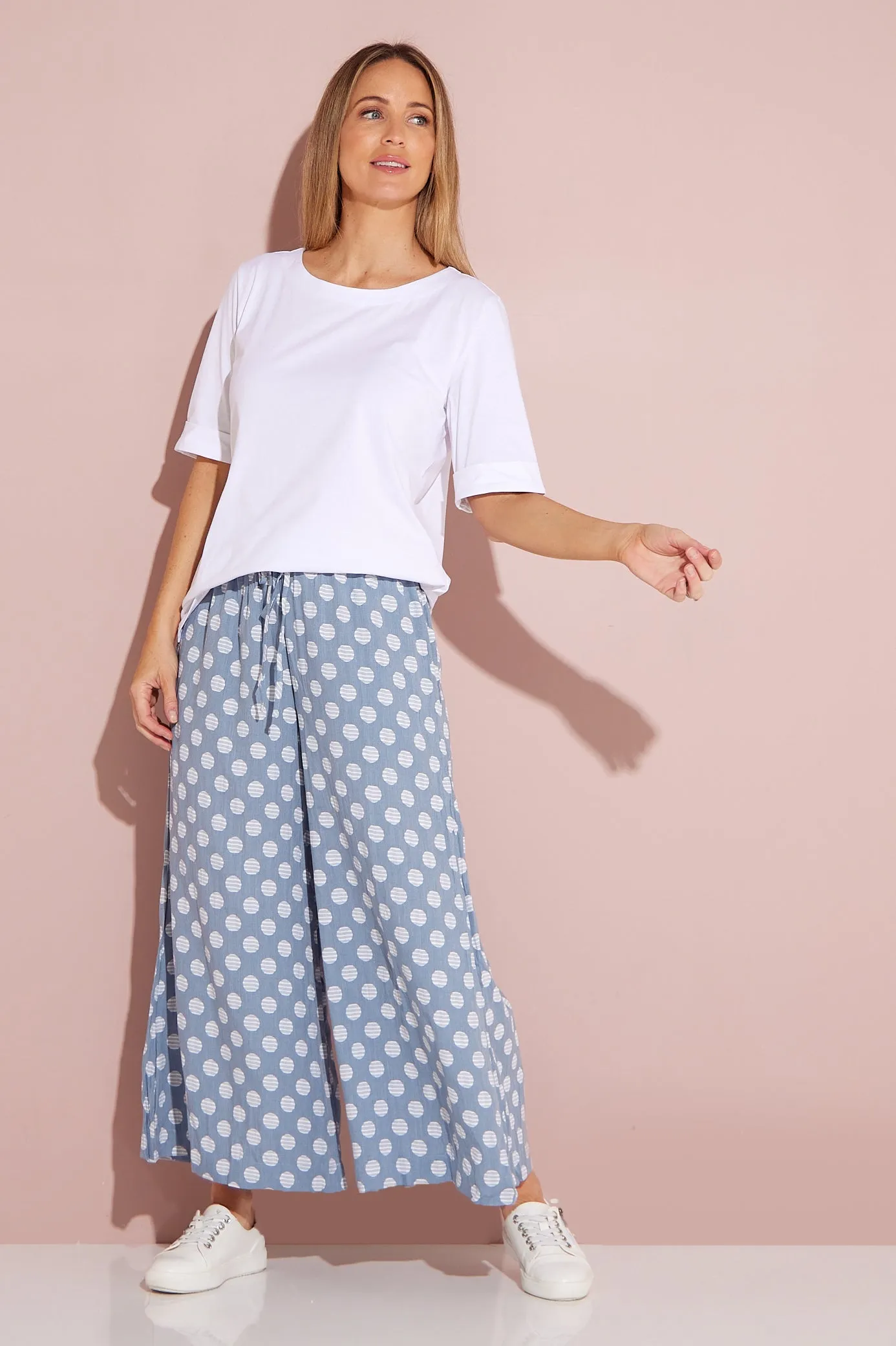 Cleo Wide Leg Drawstring Pants - Denim Blue/Spot