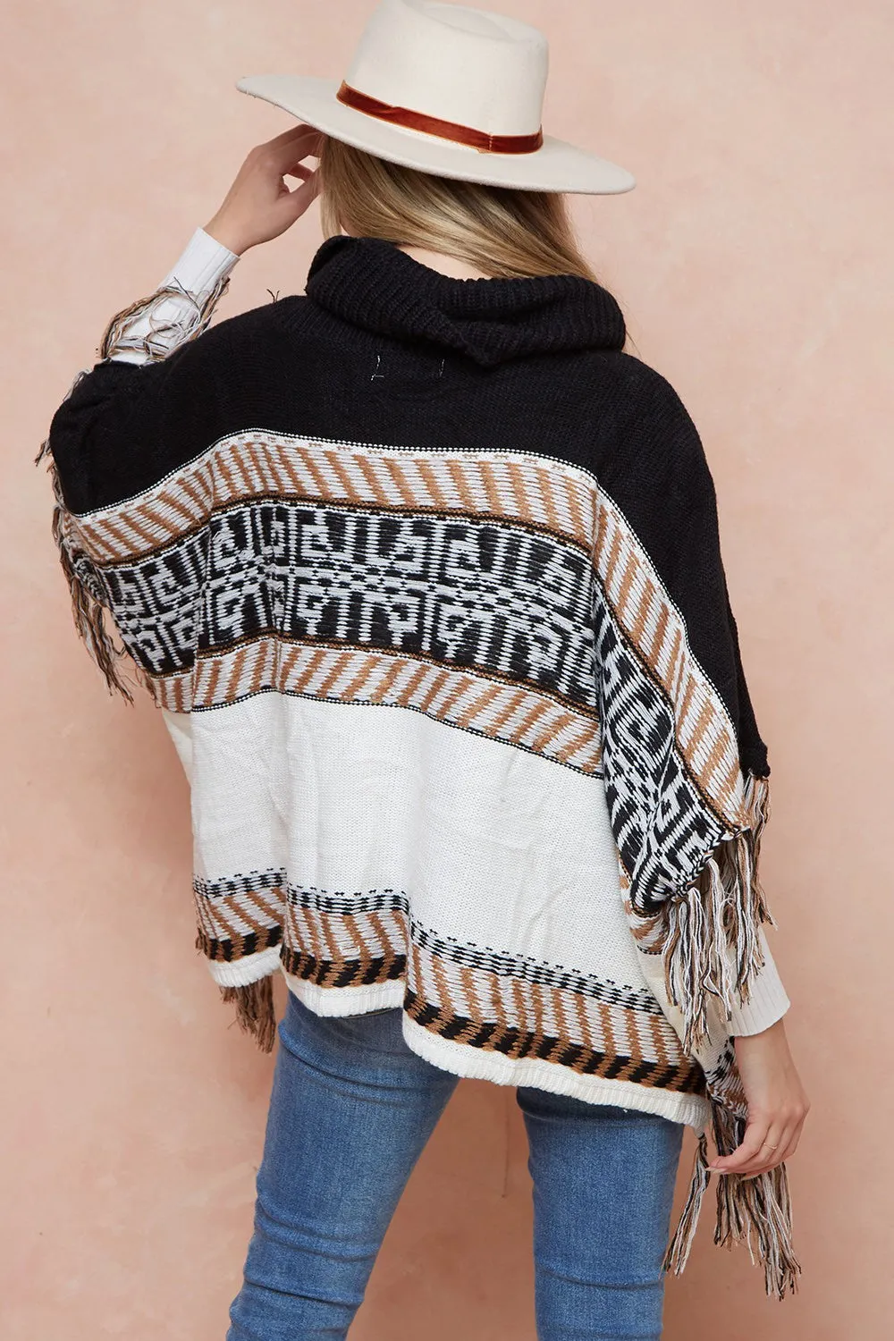 Cowl Neck Isle Batwing Poncho Sweater with Fringe