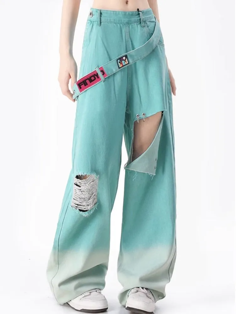 deanwangkt Spring and Autumn Dopamine Leisure Network Red Fried Street Age Reducing Gradient Denim Wide Leg Pants Women's Jeans