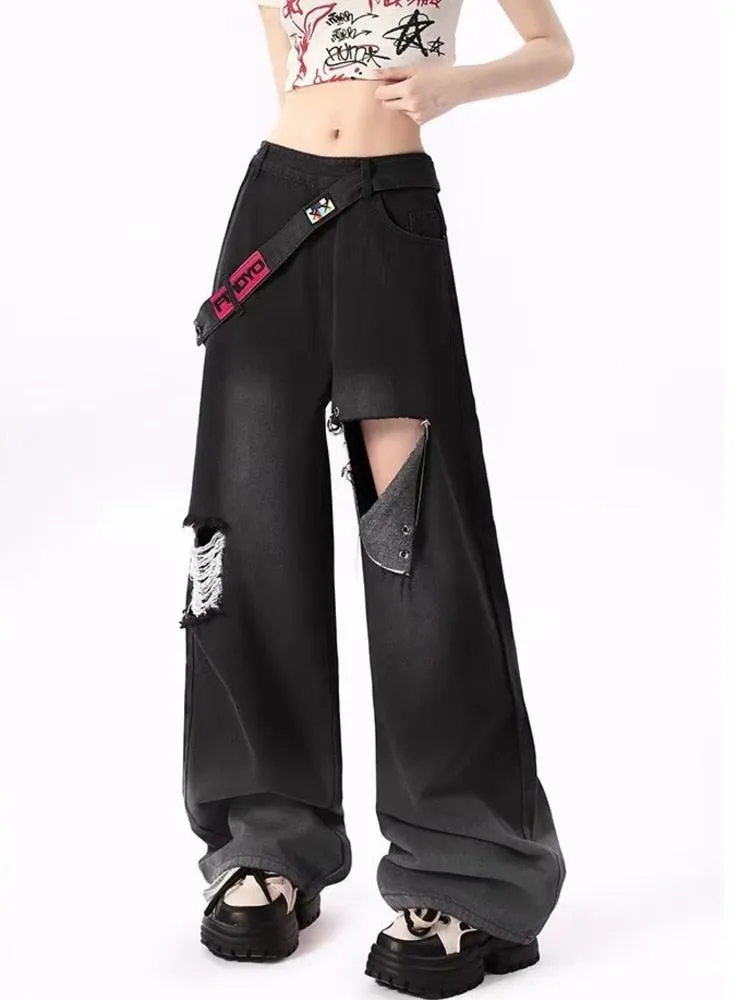 deanwangkt Spring and Autumn Dopamine Leisure Network Red Fried Street Age Reducing Gradient Denim Wide Leg Pants Women's Jeans