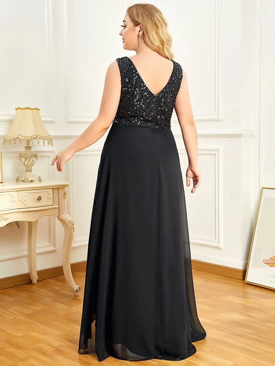 Elegant Paillette & Chiffon V-neck A-line Sleeveless Plus Size Evening Dresses