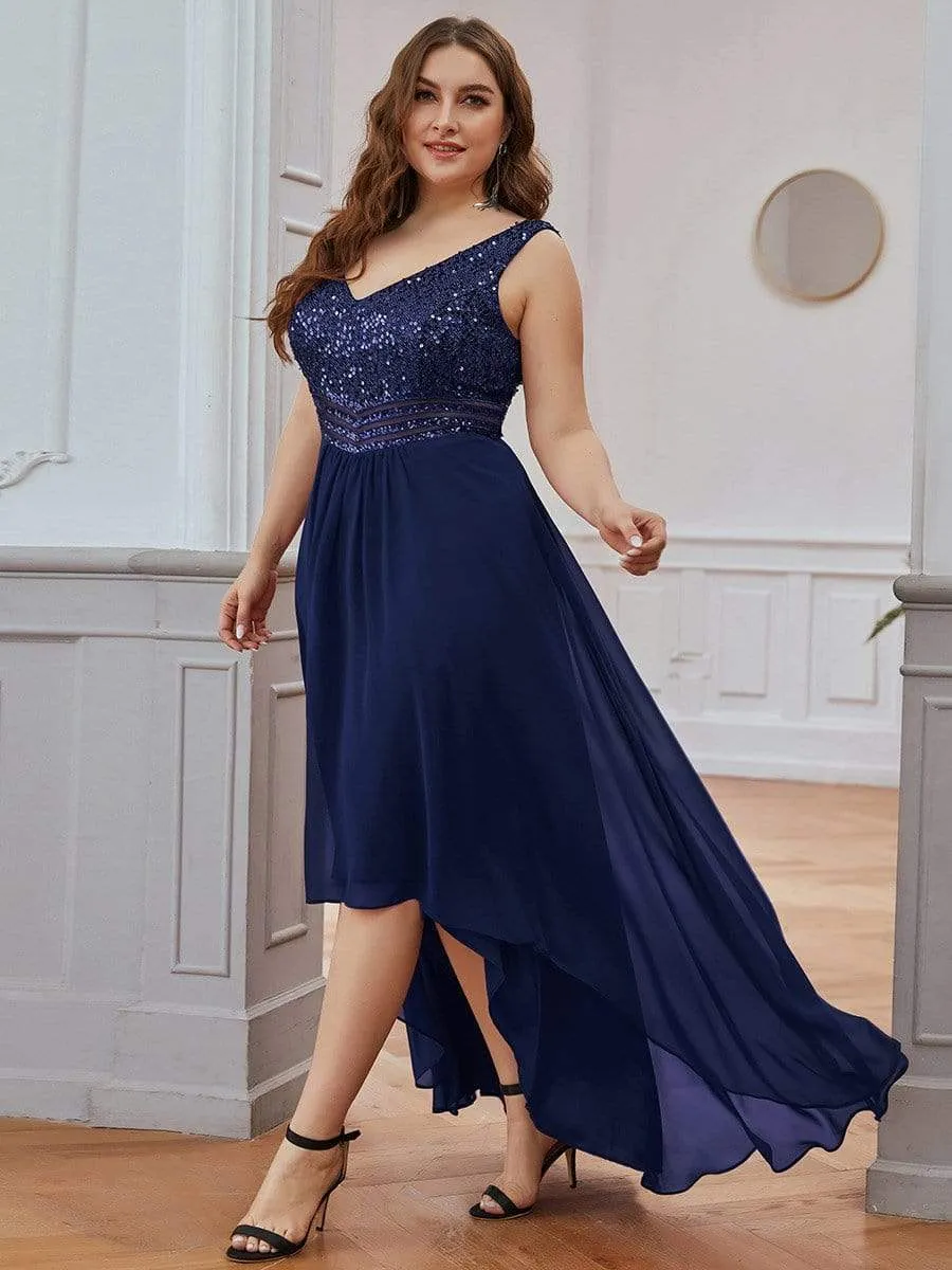 Elegant Paillette & Chiffon V-neck A-line Sleeveless Plus Size Evening Dresses