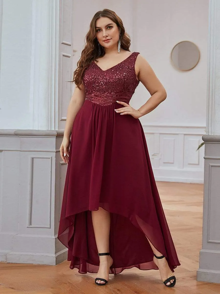 Elegant Paillette & Chiffon V-neck A-line Sleeveless Plus Size Evening Dresses