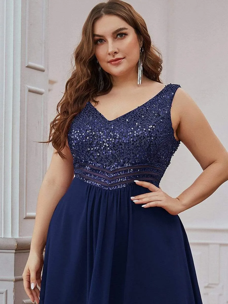 Elegant Paillette & Chiffon V-neck A-line Sleeveless Plus Size Evening Dresses