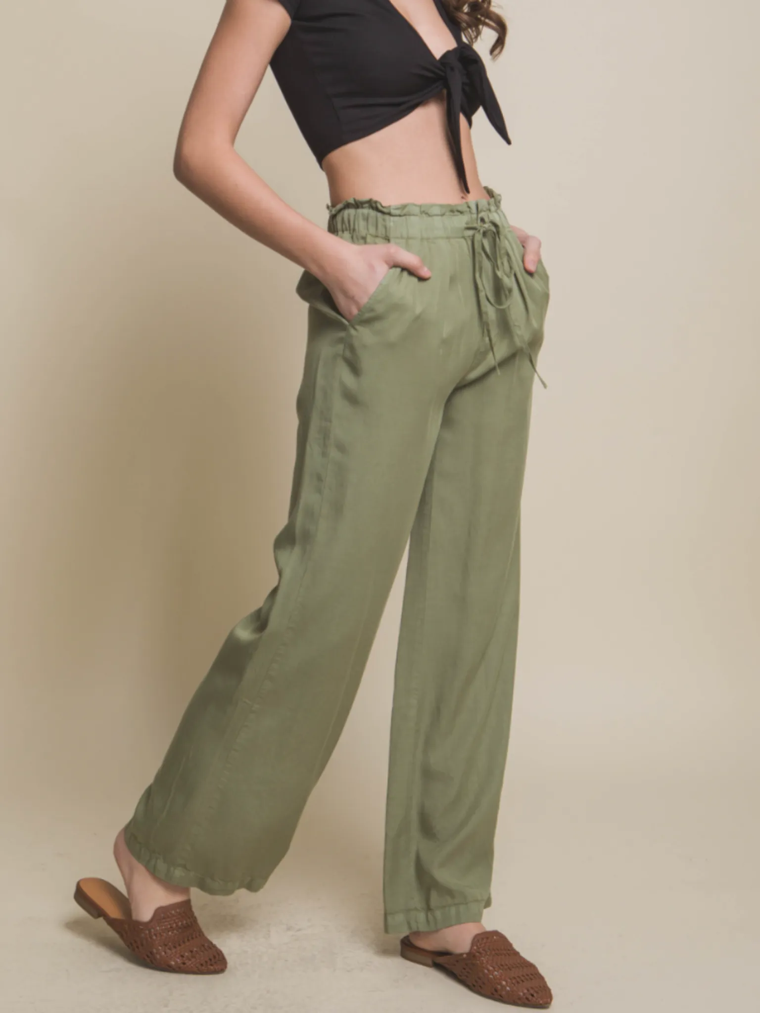 Jennifer Tie Waist Pants - Light Olive