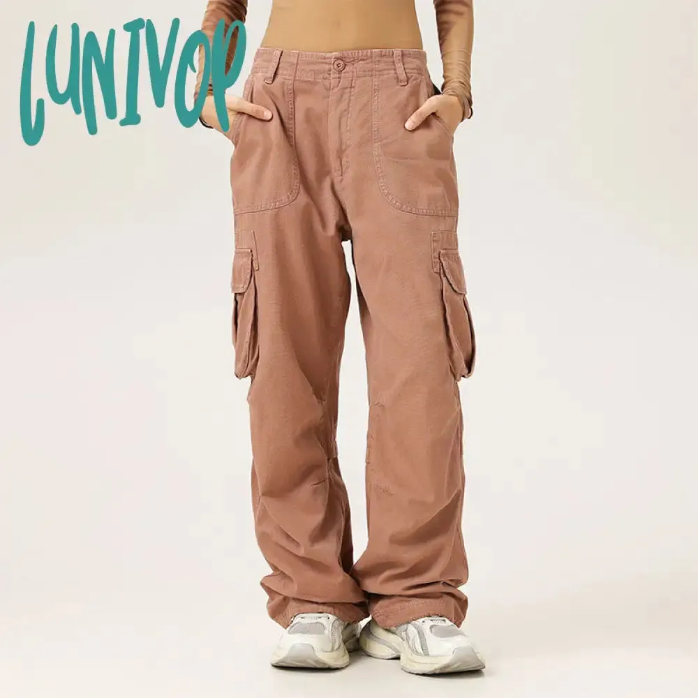 Lunivop 2000s fashion Japanese Retro Autumn Distressed Washed Overalls Casual Large Pocket Men's and Women's Loose Trousers