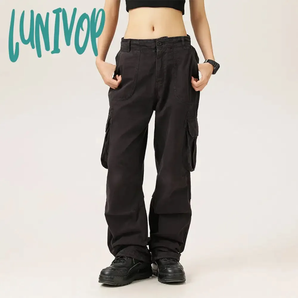 Lunivop 2000s fashion Japanese Retro Autumn Distressed Washed Overalls Casual Large Pocket Men's and Women's Loose Trousers