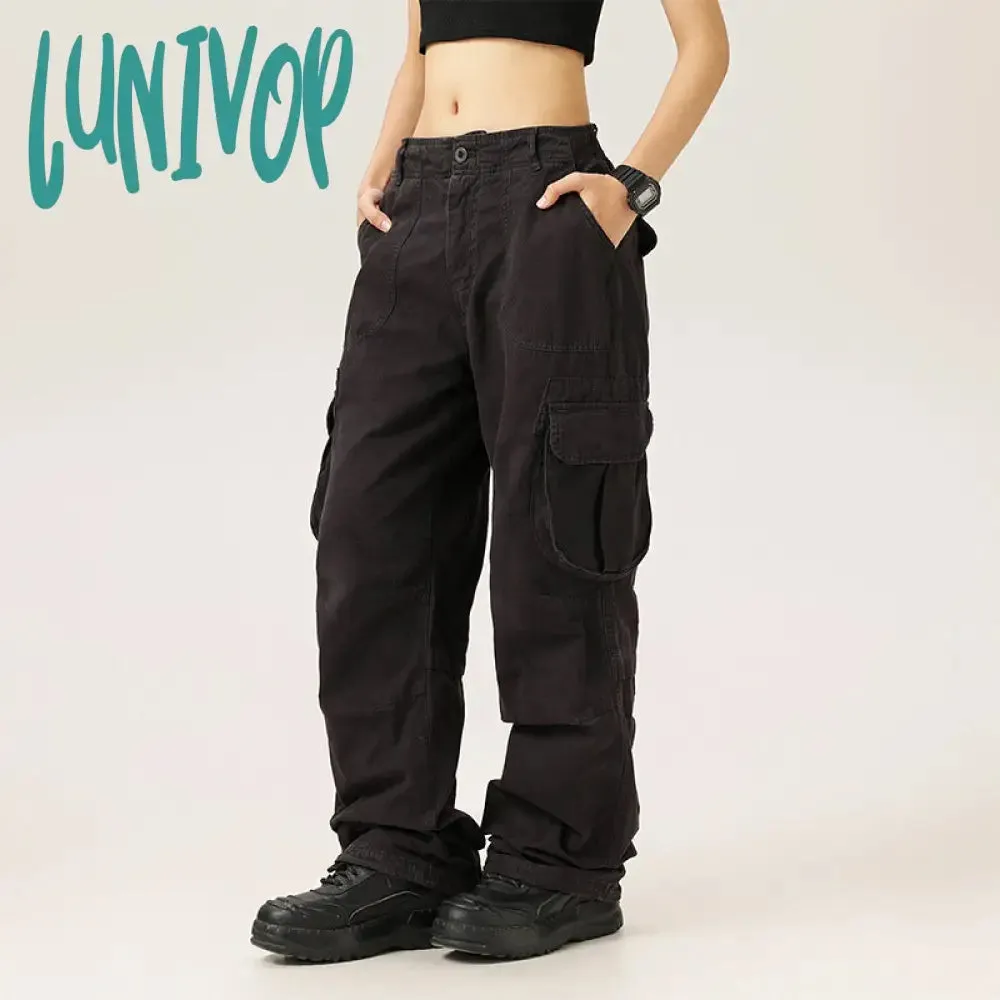 Lunivop 2000s fashion Japanese Retro Autumn Distressed Washed Overalls Casual Large Pocket Men's and Women's Loose Trousers