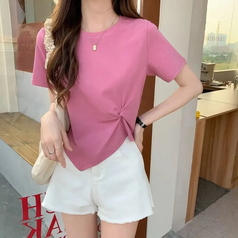 LVSANW 2024 Brand New Womens T shirt Round Neck Irregular Design Short Women T-shirts Leisure Slim Short Sleeve Woman T-shirt Tops Tees