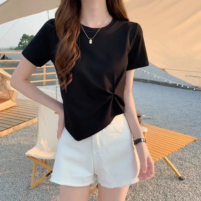 LVSANW 2024 Brand New Womens T shirt Round Neck Irregular Design Short Women T-shirts Leisure Slim Short Sleeve Woman T-shirt Tops Tees