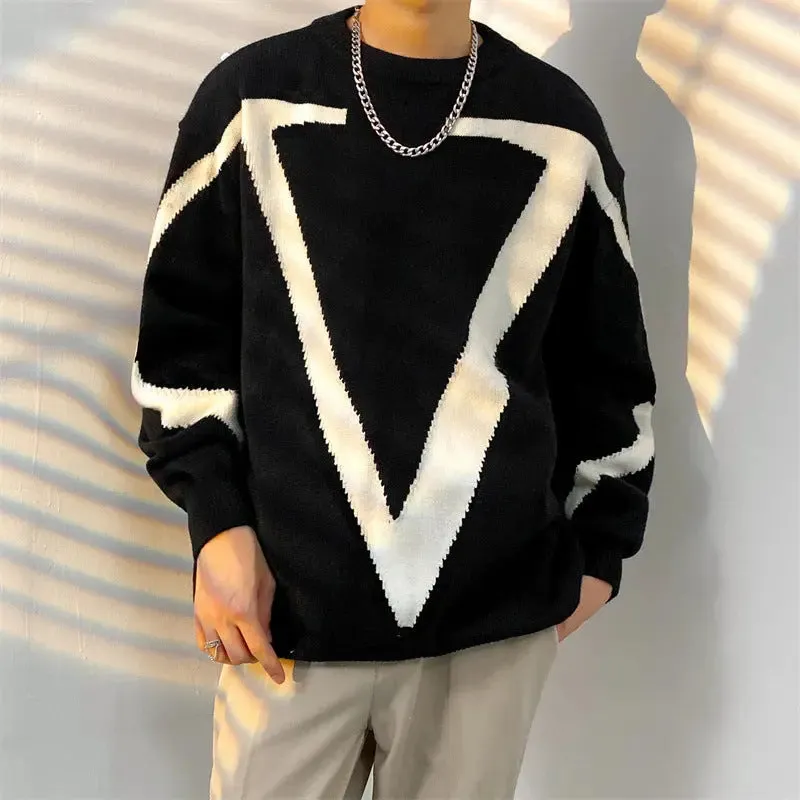 Men's Japanese Vintage Contrast Casual Versatile Round Neck Sweater