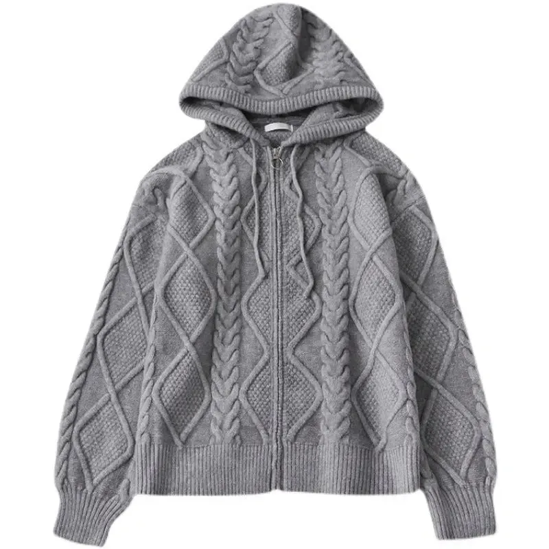 Men's Zipper Hooded Solid Color Loose Rhombus Plaid sweater