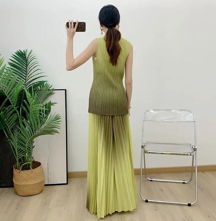 Miyake Pleated Gradient Top and Wide Leg Pants Set