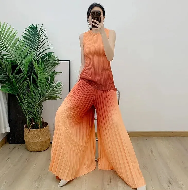 Miyake Pleated Gradient Top and Wide Leg Pants Set