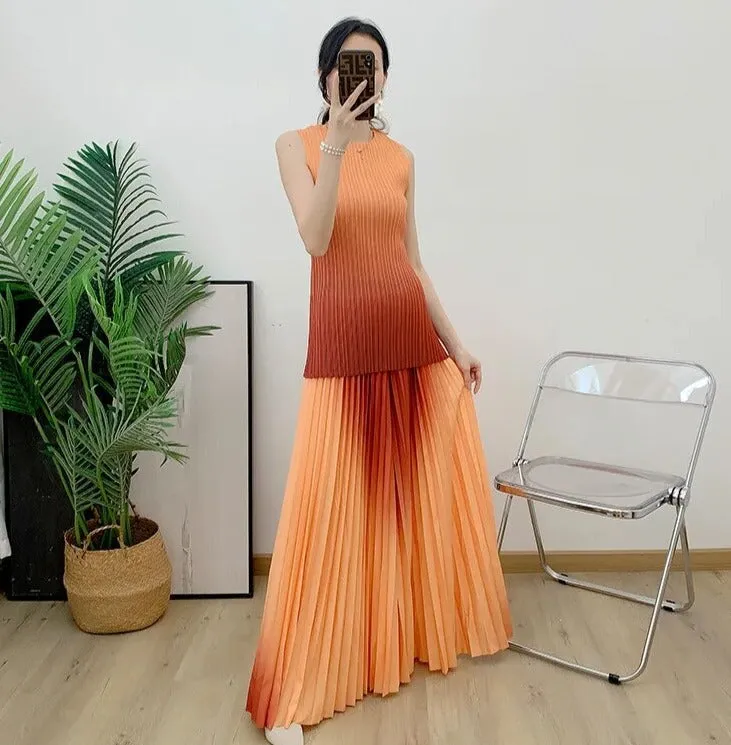 Miyake Pleated Gradient Top and Wide Leg Pants Set