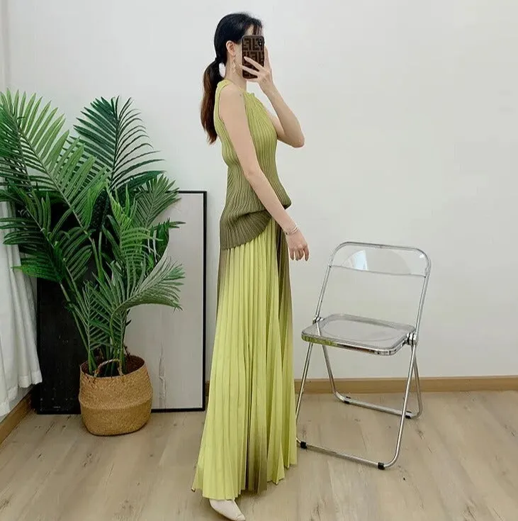 Miyake Pleated Gradient Top and Wide Leg Pants Set