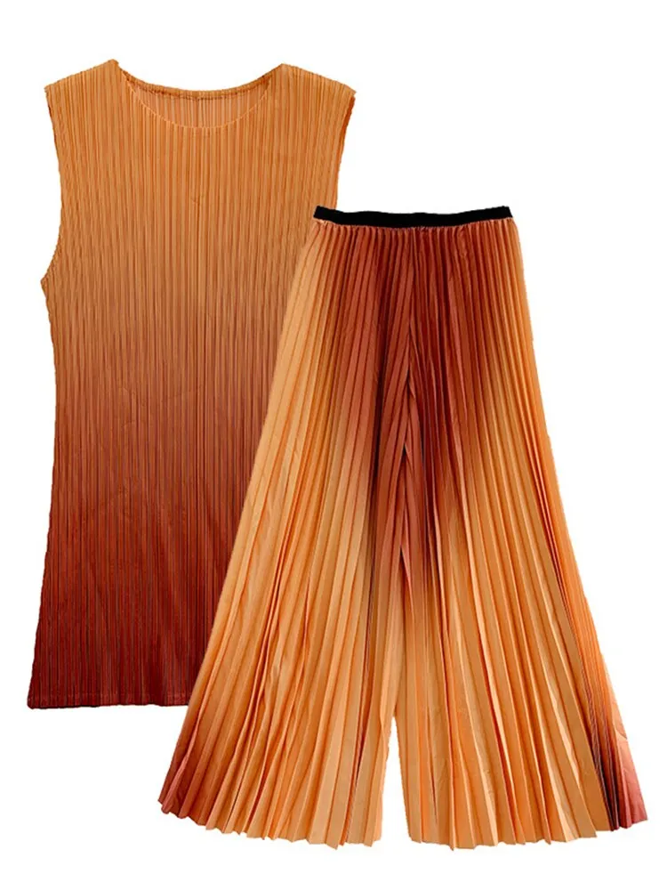 Miyake Pleated Gradient Top and Wide Leg Pants Set