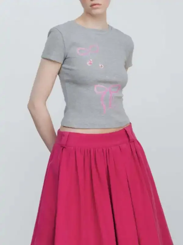 New bow solid color printed navel-baring short-sleeved T-shirt