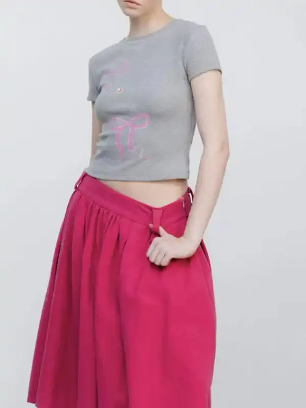 New bow solid color printed navel-baring short-sleeved T-shirt