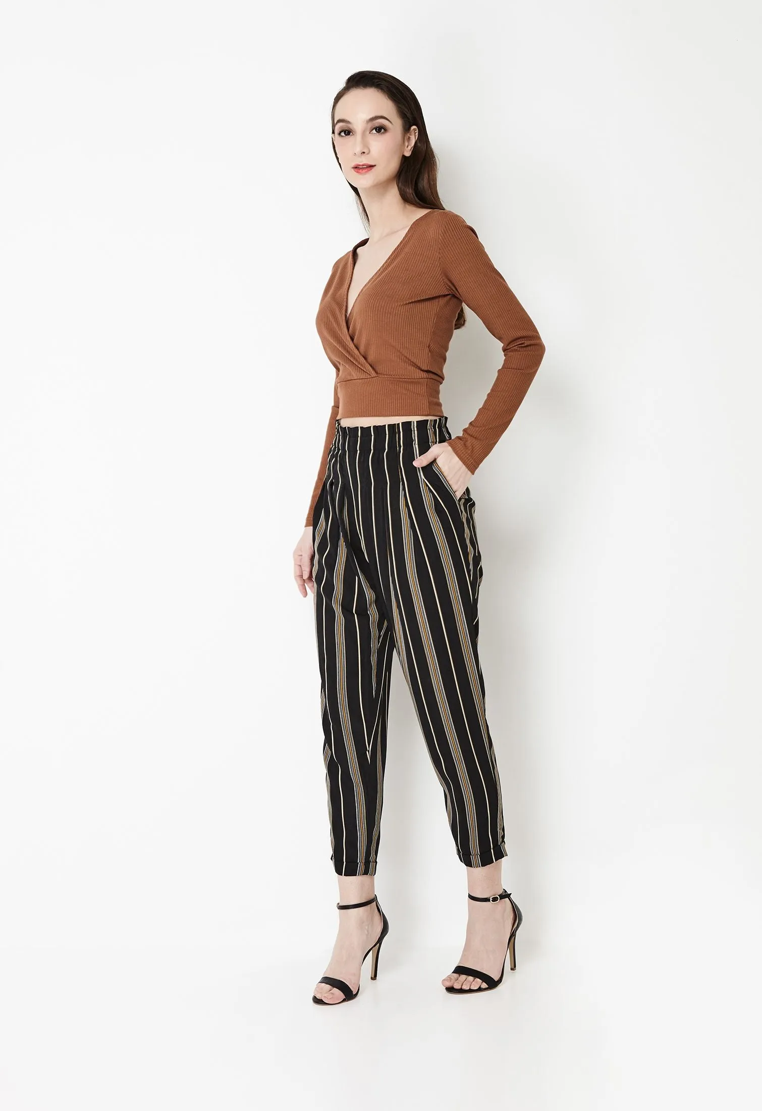 Rolled Elastic Striped Pants