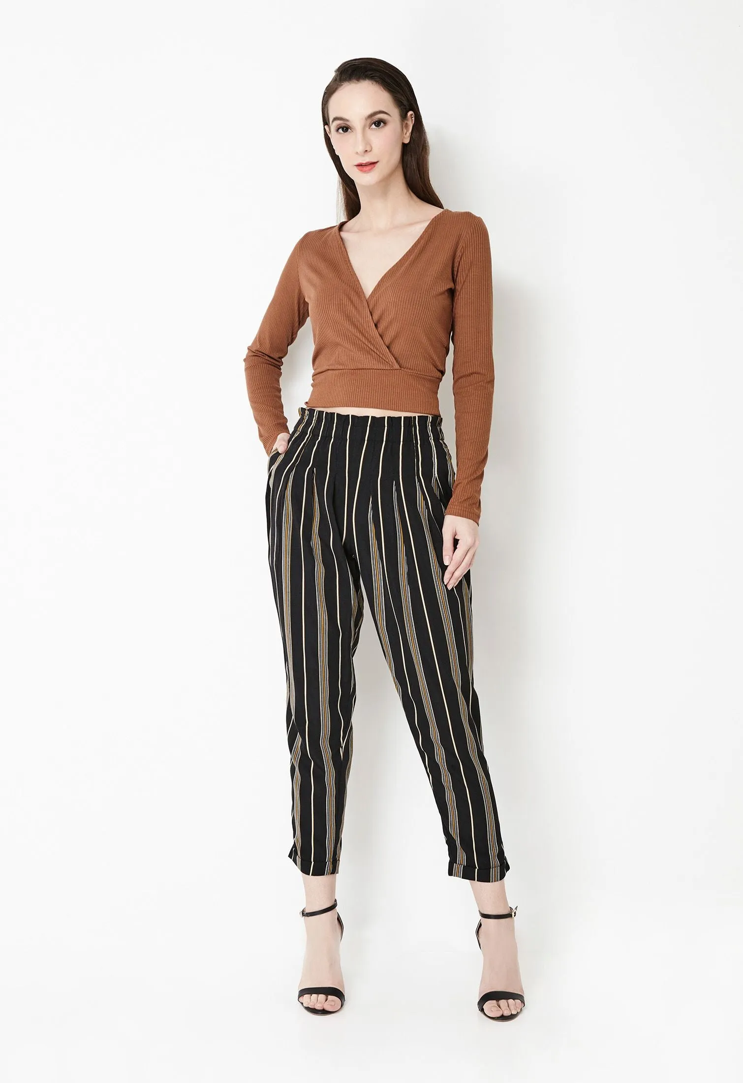 Rolled Elastic Striped Pants