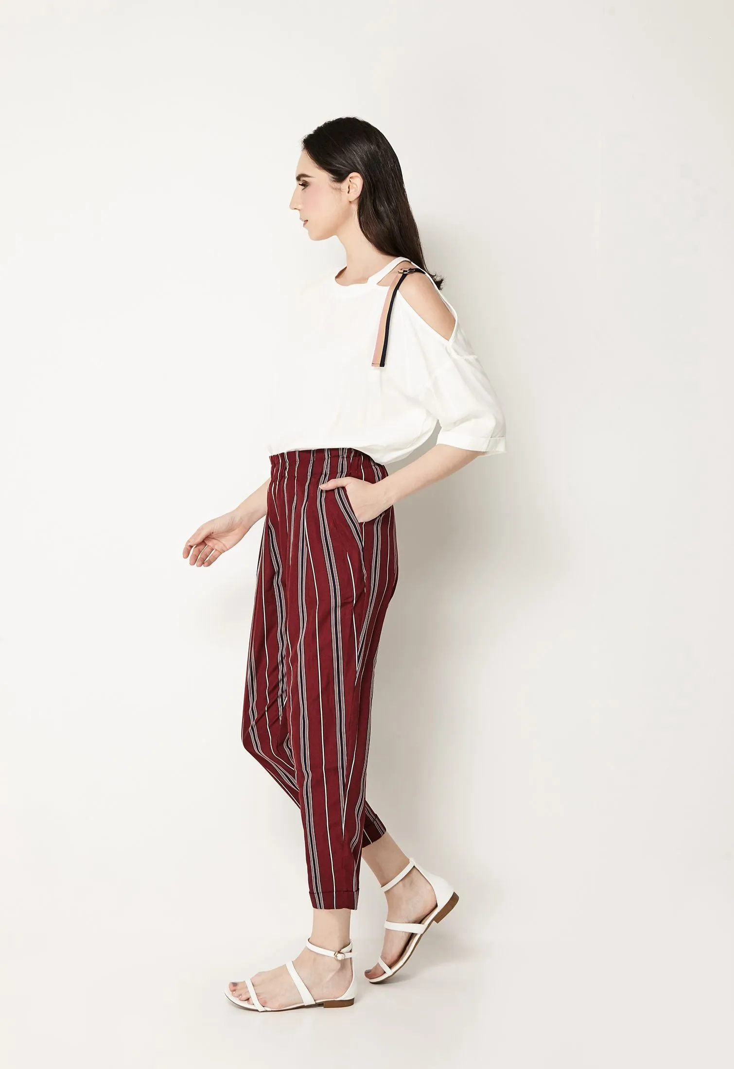 Rolled Elastic Striped Pants