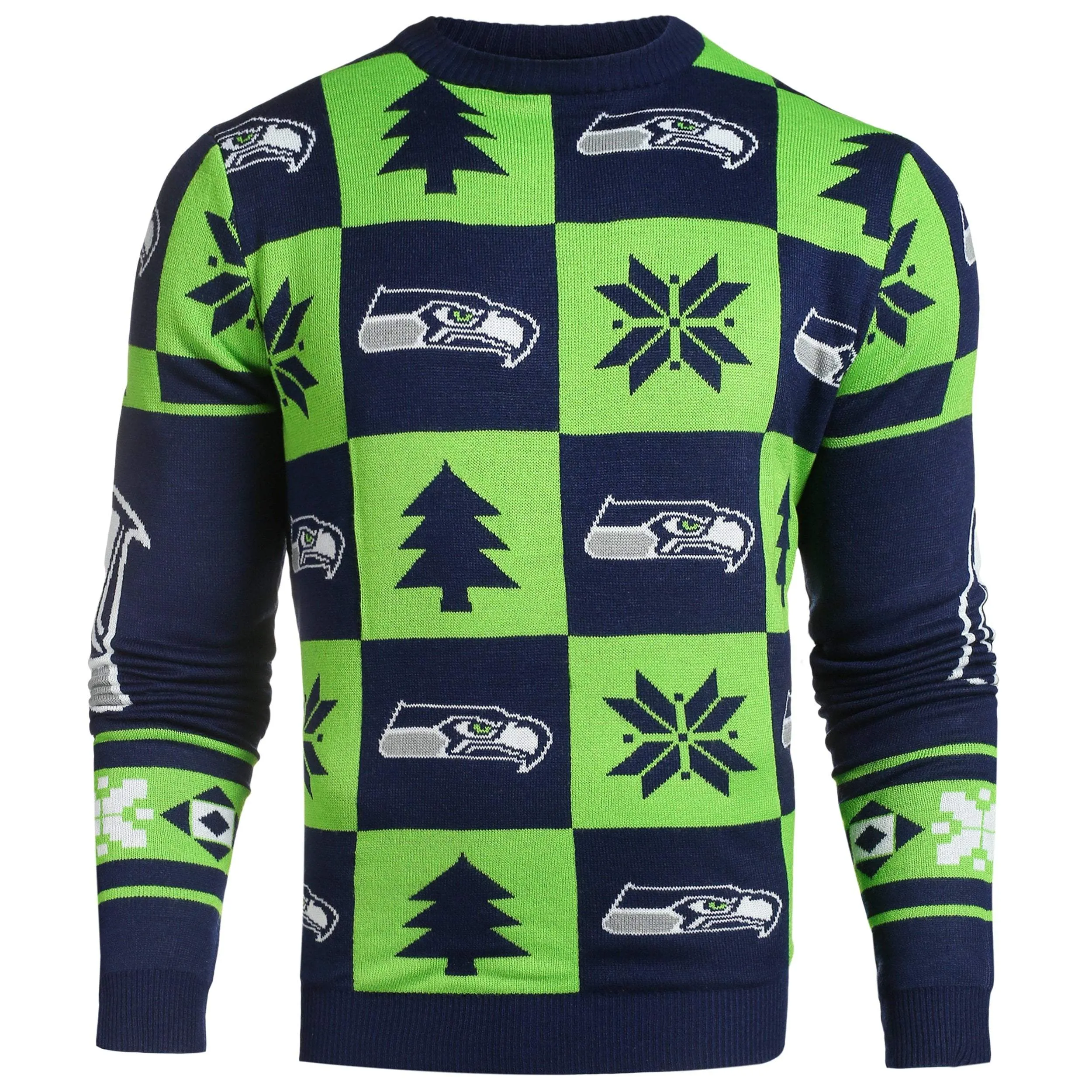 Seattle Seahawks NFL Forever Collectibles Navy & Green Knit Patches Ugly Sweater