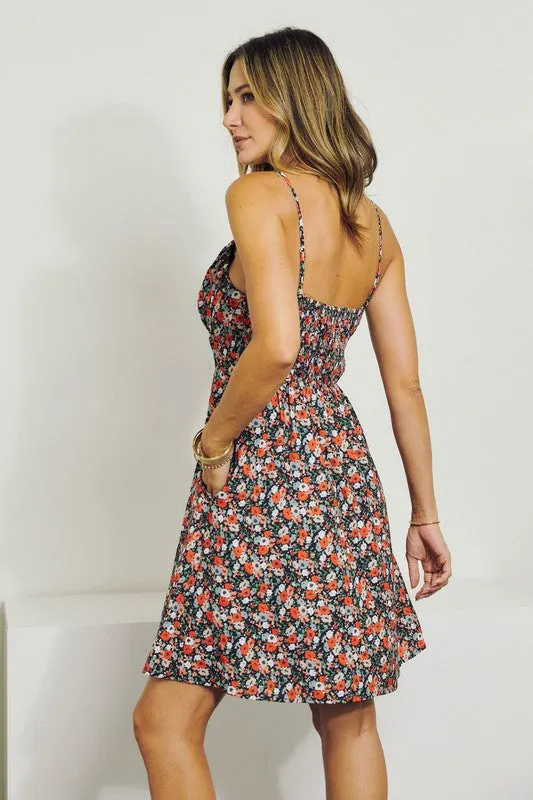 SLEEVELESS V NECK FLORAL DRESS