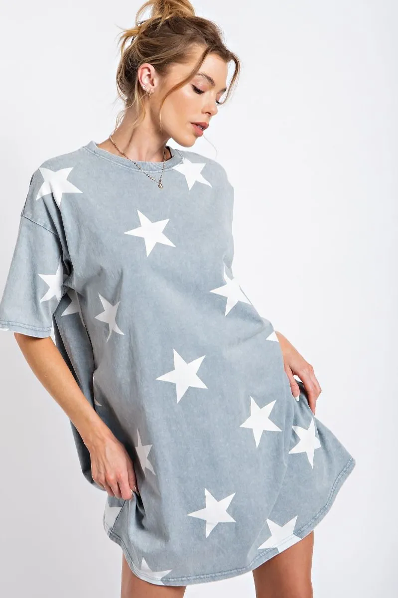 Star printed washed denim mineral washed tunic dress