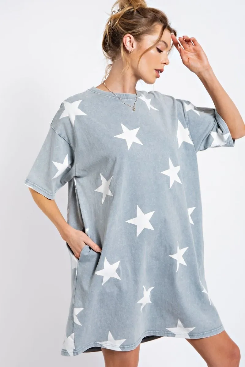 Star printed washed denim mineral washed tunic dress