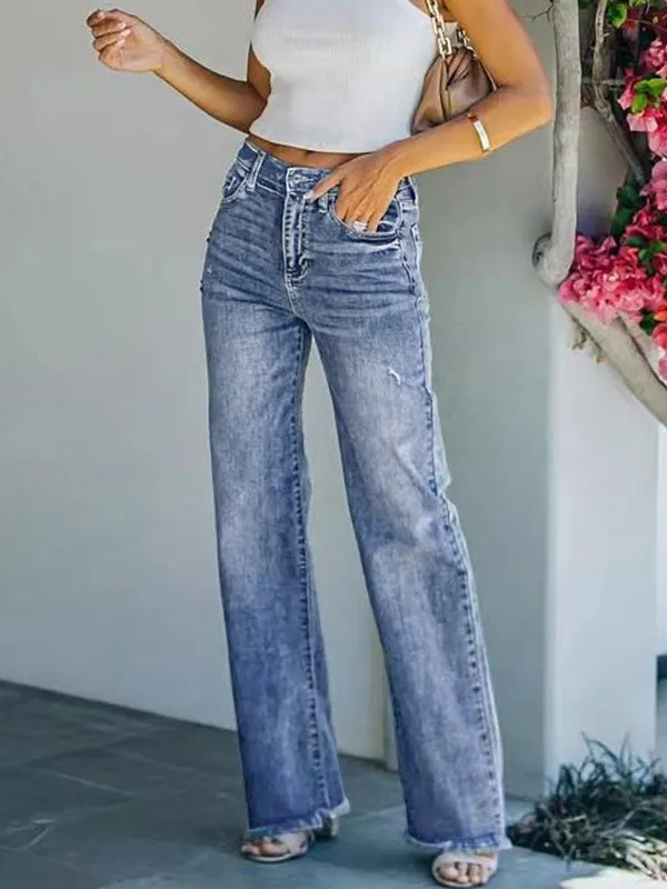 Straight Leg Fringed Gradient Split-Joint Jean Pants Bottoms