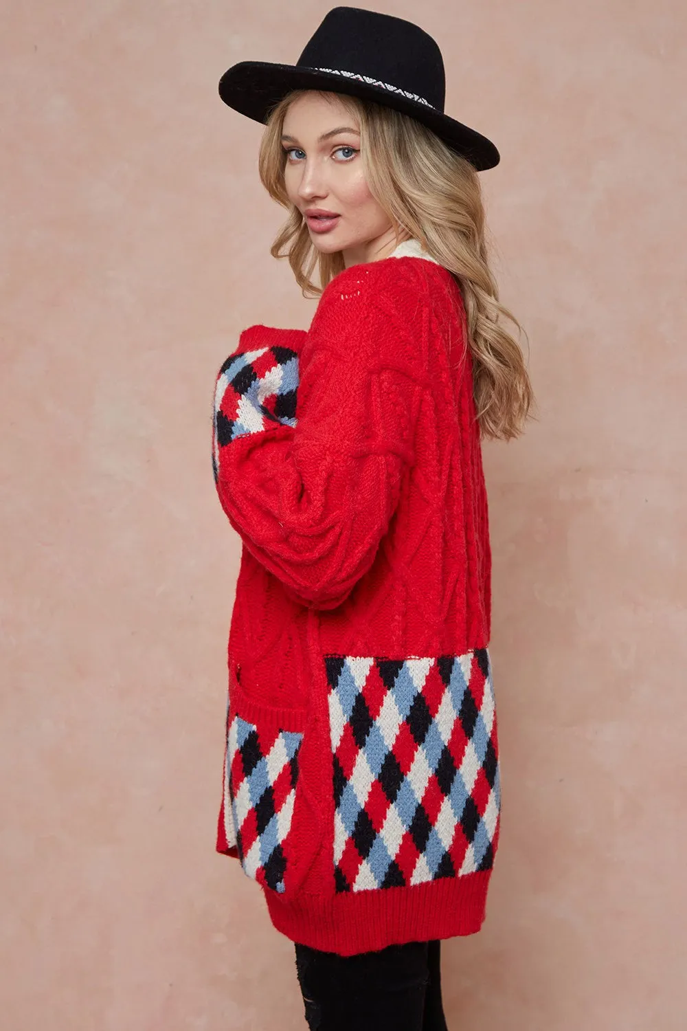 Women Oversized Cable Knit with Argyle Pattern Sweater cardigan