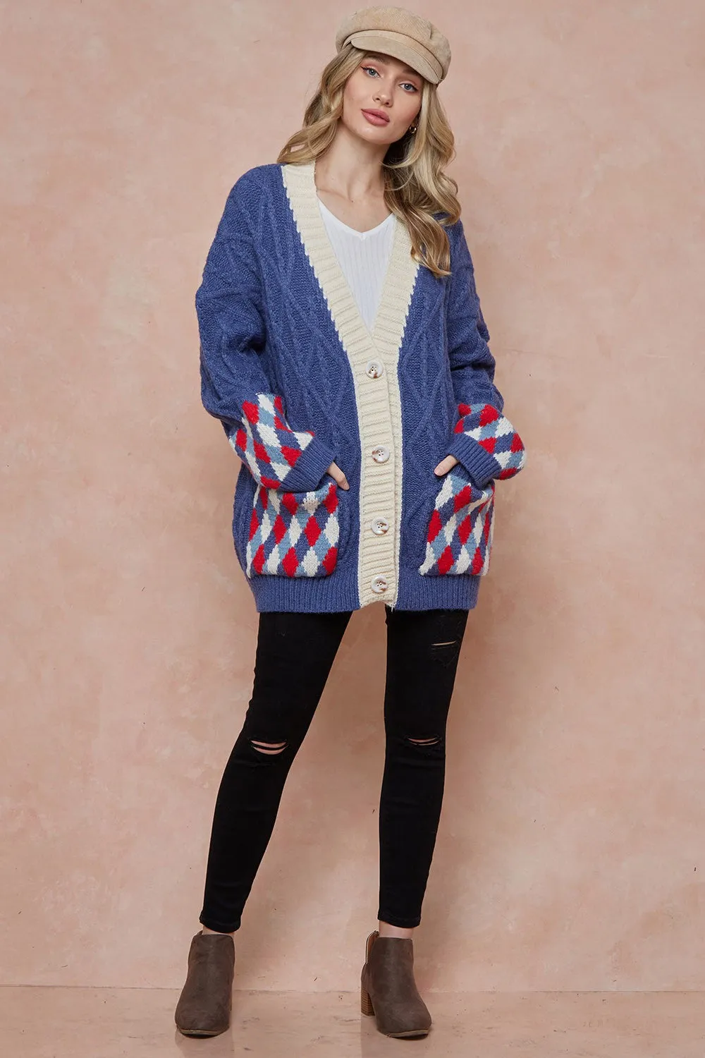 Women Oversized Cable Knit with Argyle Pattern Sweater cardigan