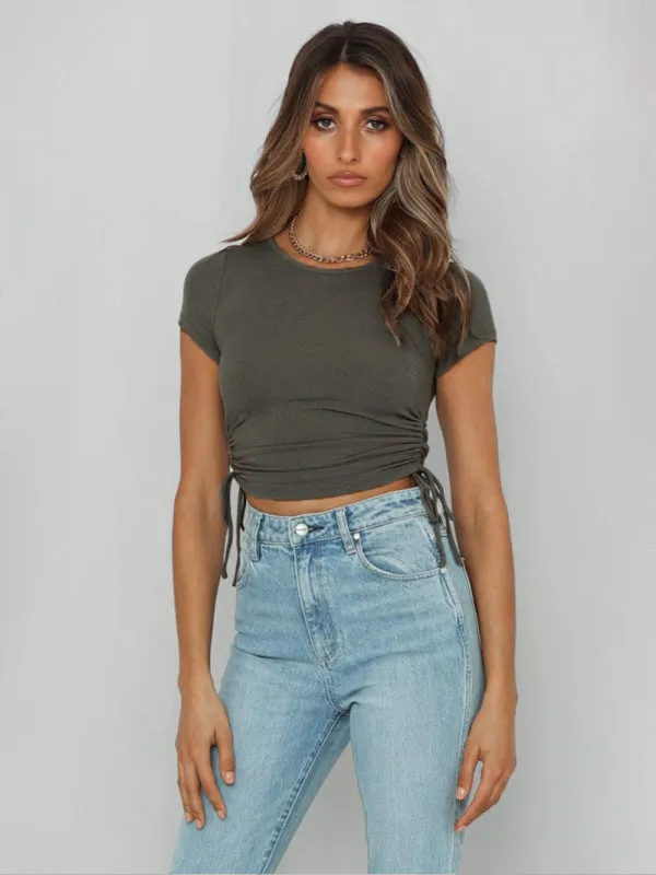 Women's Fashion Crop Top With Short Sleeve And Side Drawstring Feature