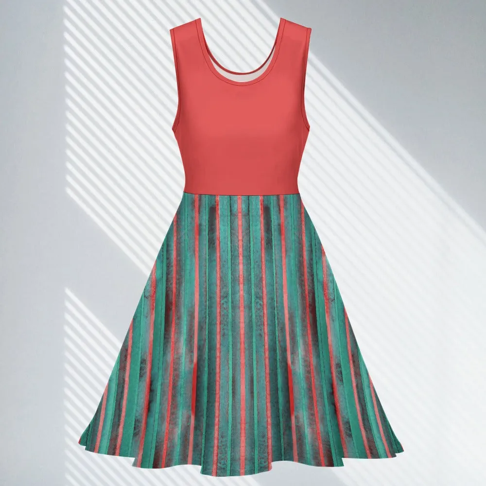 Women's Stripe Contrast Print Dress Round Scoop Neck Sleeveless Flared Skirt Dress Plus Size