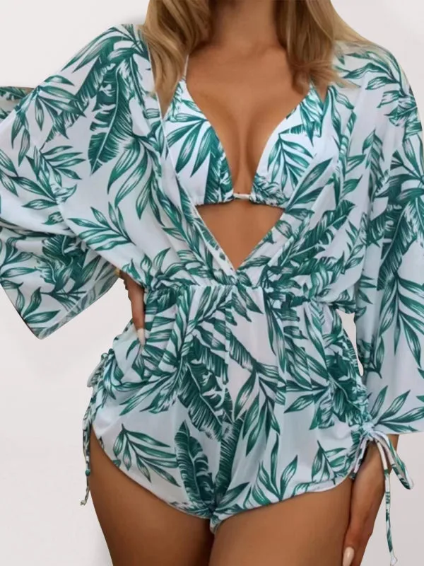 Women's Tropical Print Halter Neck Bikini With Matching Beach Cover Up