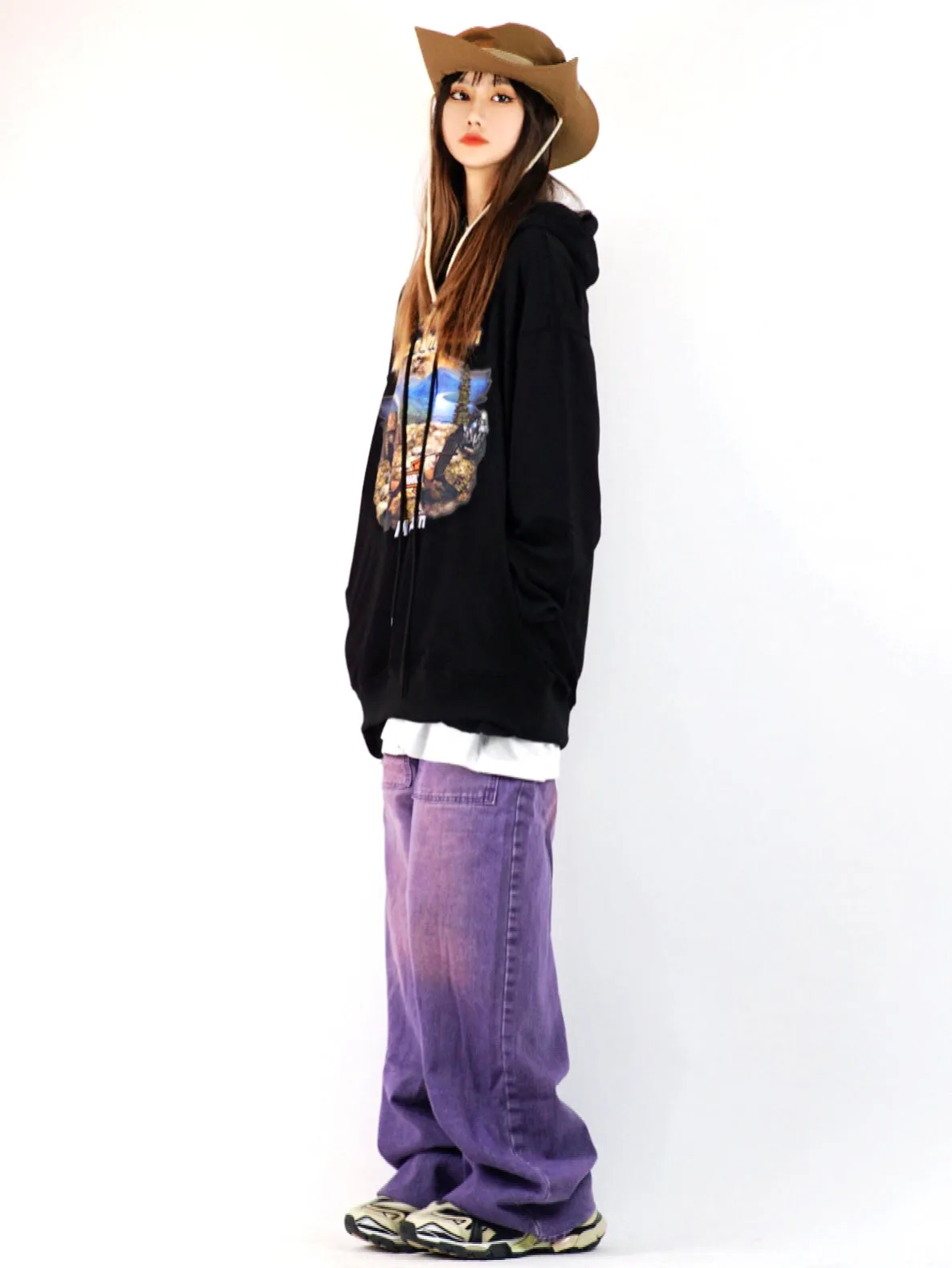 Y2K Loose Wide Leg Gradient Purple Wash Denim Jeans Pants